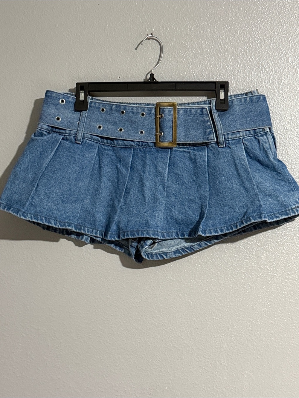 Edikted Blue Denim Pleated Skort with Buckle Belt